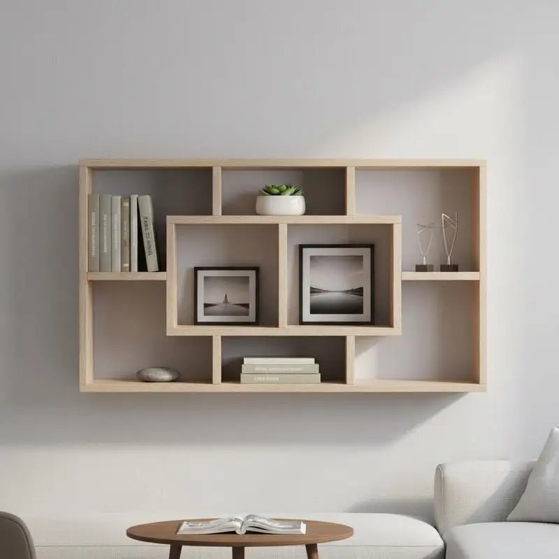 Étagère murale couleur chêne 85x18x85 cm avec 8 compartiments, système de fixation invisible, capacité de charge jusqu'à 50 kg, idéale pour les livres, la décoration et les plantes, pour le salon, le bureau ou la chambre, design moderne et peu encombrant