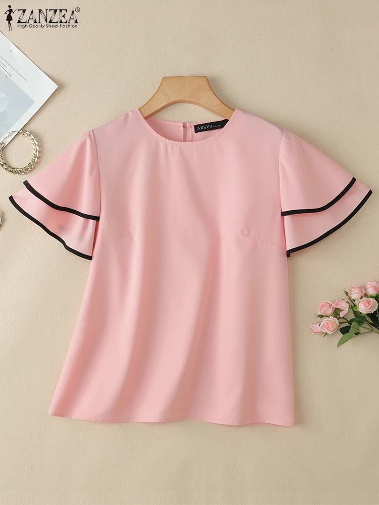 

ZANZEA Womens Casual Blusas Mujer Elegant 2025 Sumemr Layered Ruffle Sleeve Fashion Blouses Contrast-Piping O-Neck Solid T-Shirt