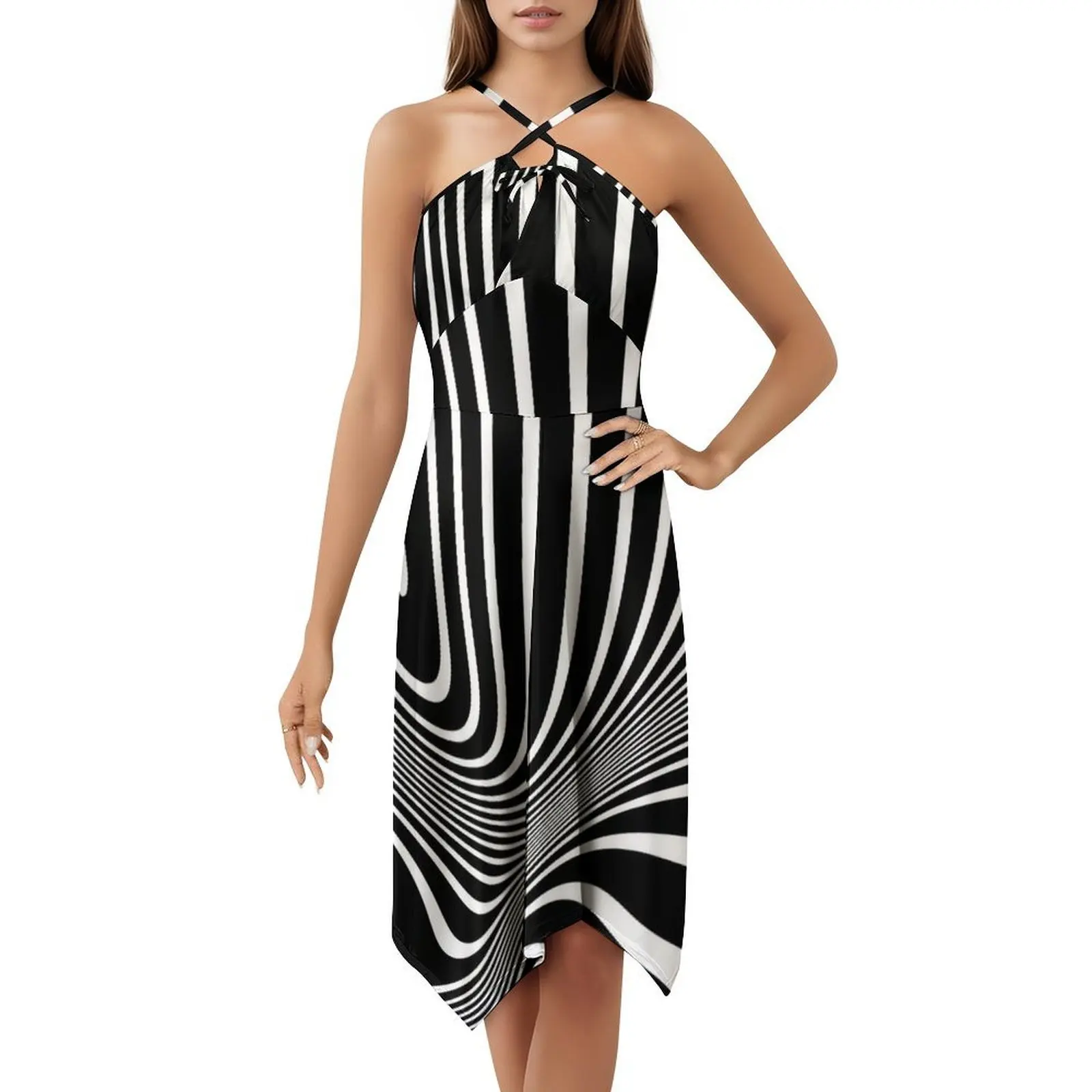 الأشكال والخطوط الرجعية أبيض وأسود الفن البصري نمط Preppy فستان قصير للنساء ألف خط فضفاض صالح فستان يوم غير رسمي Op Art #5