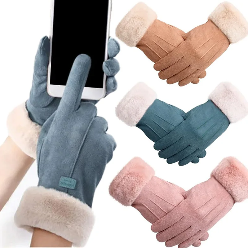 

Women Winter Thick Plush Gloves Fashion Warm Suede Outdoor Guantes Lady Touchscreen Driving Gloves Sports Cycling Mittens Gloves