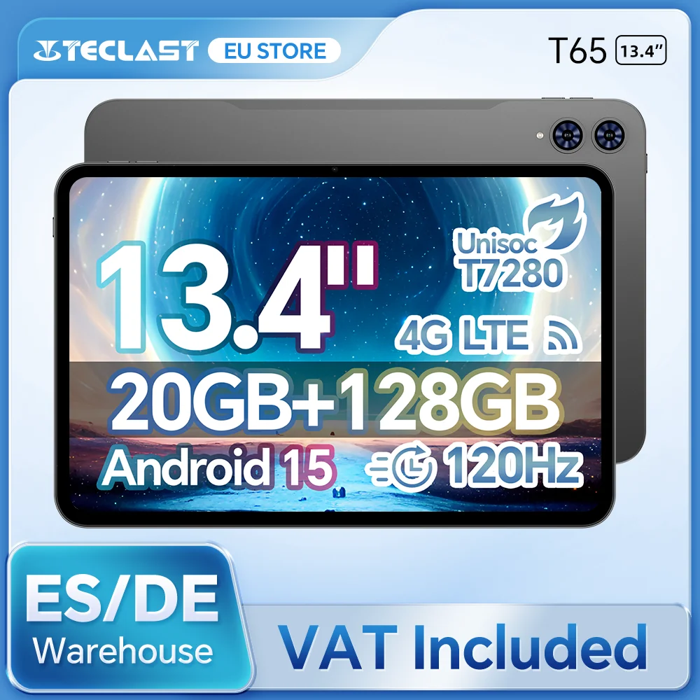 Teclast T65 13.4 "Android 15 Tablet 1920x1200 120Hz T7280 8 núcleos 20 GB RAM (8GB+12 GB de expansión) 128GB ROM 4G LTE 8000mAh