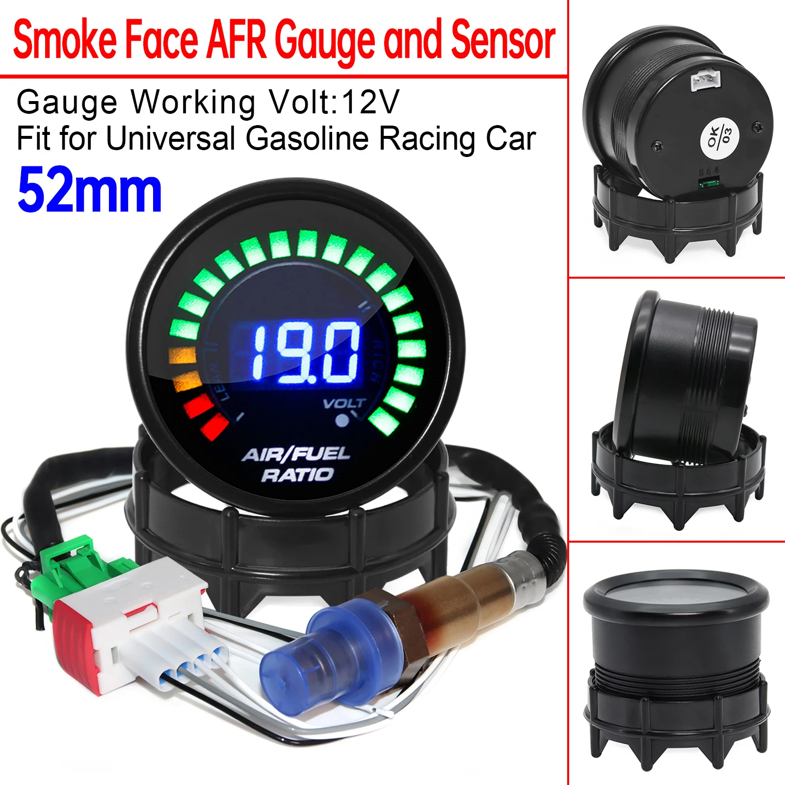 

2 in 1 Meter Digital Display Gauge 52mm Air Fuel Ratio Gauge 12V Gasoline Gauge With Narrowband O2 Oxygen Sensor