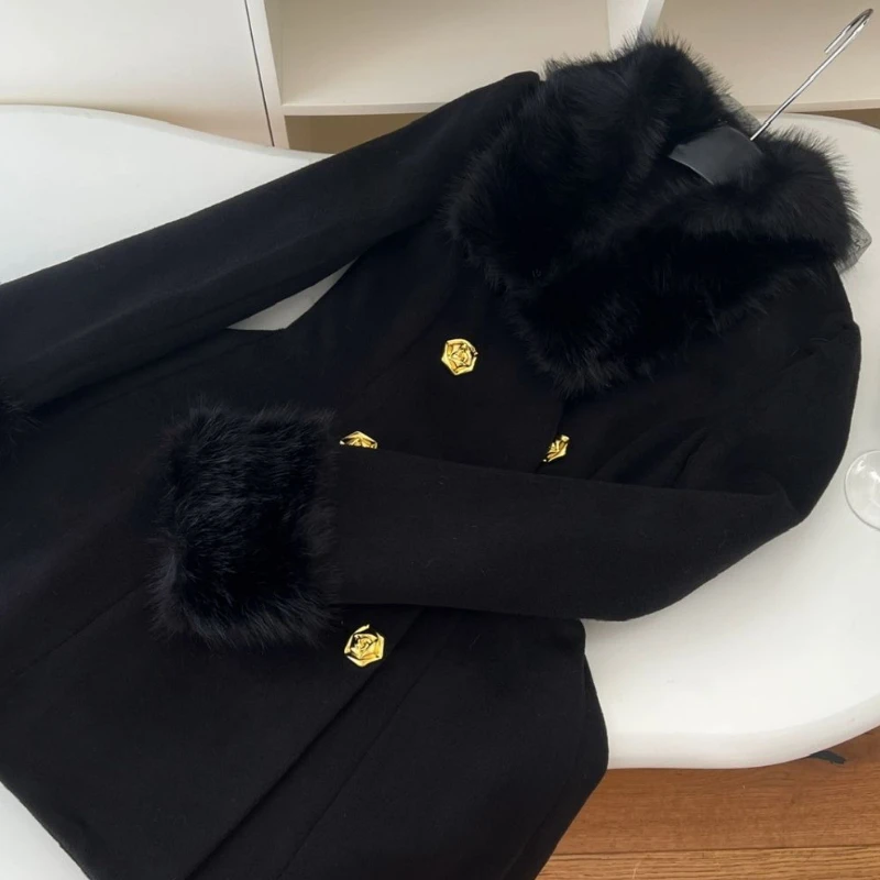 Winter Korean Popular French Elegant Women's Dress Chic Warm Fur Collar Slimming Design Office Lady Vintage Woman Clothes Outfit