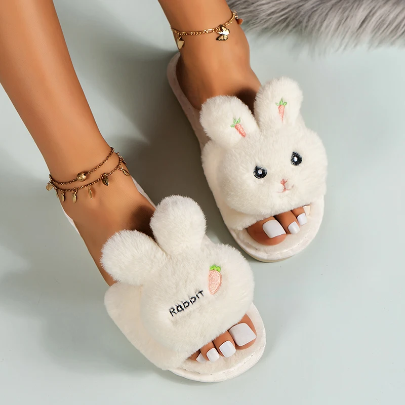 Cute Rabbit Decor pantofole in cotone per donna antiscivolo suola morbida pantofole da casa per interni donna camera da letto Open Toe peluche