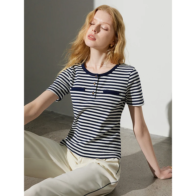 TOYOUTH Women Tee Tops 2024 Summer New Slim Fit Short Sleeve Striped Round Neck T-shirt Top