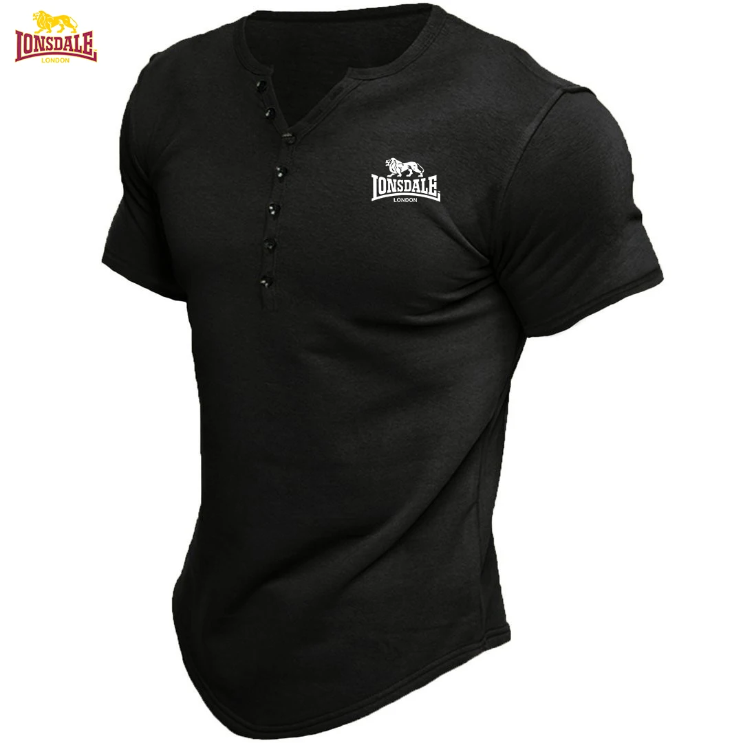 

New Henley Harajuku cotton men's shirt, solid-button short-sleeved shirt, casual t-shirt, LONSDALE printed, fast shipping availa