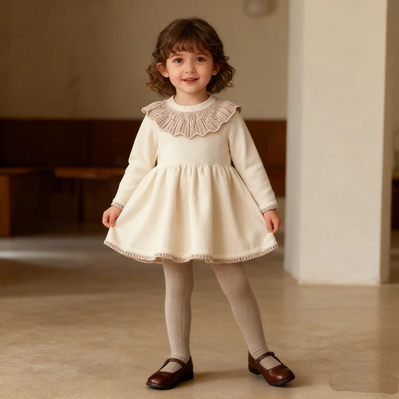 

2026 New Spring Children Knitting Clothes 0-4Yrs Kids Knitted Princess Dresses Long Sleeves Splice Baby Girl Party Dress