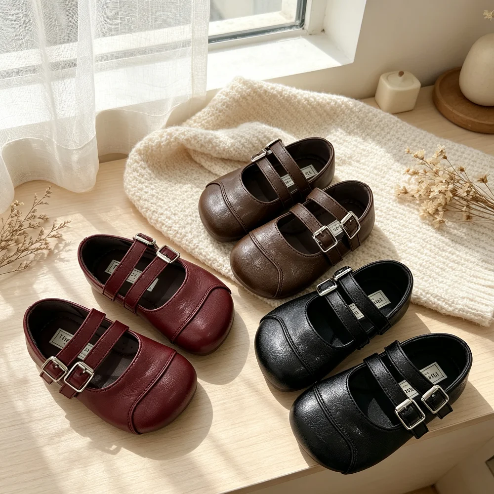 Retro Style Leather Shoes for Toddler Girls 2026 New Autumn Kids Mary Jane Flats Non-slip Simple Classic School Party Daily Wear