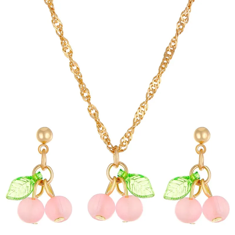 2024 Cherry Clavicle Chain Earrings Jewelry Set Female Green Leaf Pink Green Cherry Pendant Necklace Earring Accessories Women