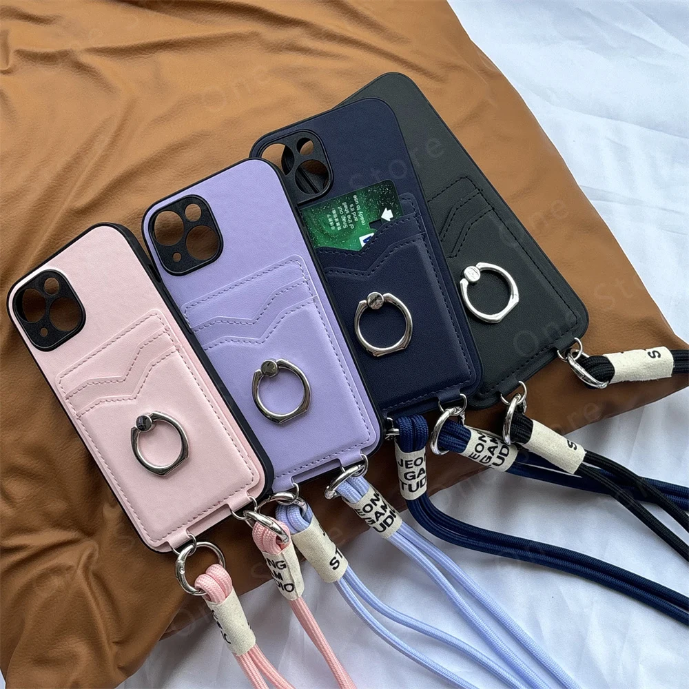 For Galaxy A16 5g Crossbody Necklace Leather Lanyard Case For Samsung Galaxy A06 A36 Card Slots Ring Holder Stand Cover