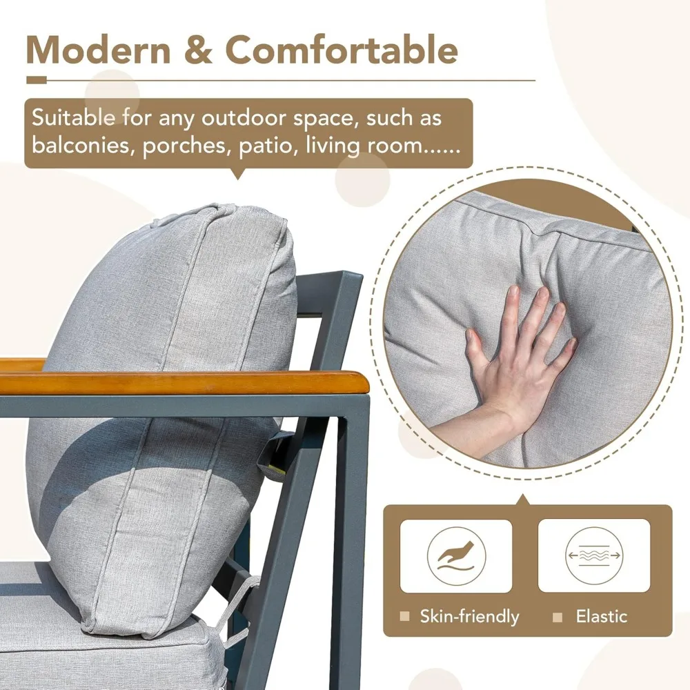 4 조각 파티오 가구 세트 야외 대화 세트 아카시아 나무 소파 세트 커피 테이블 두꺼운 스폰지 쿠션