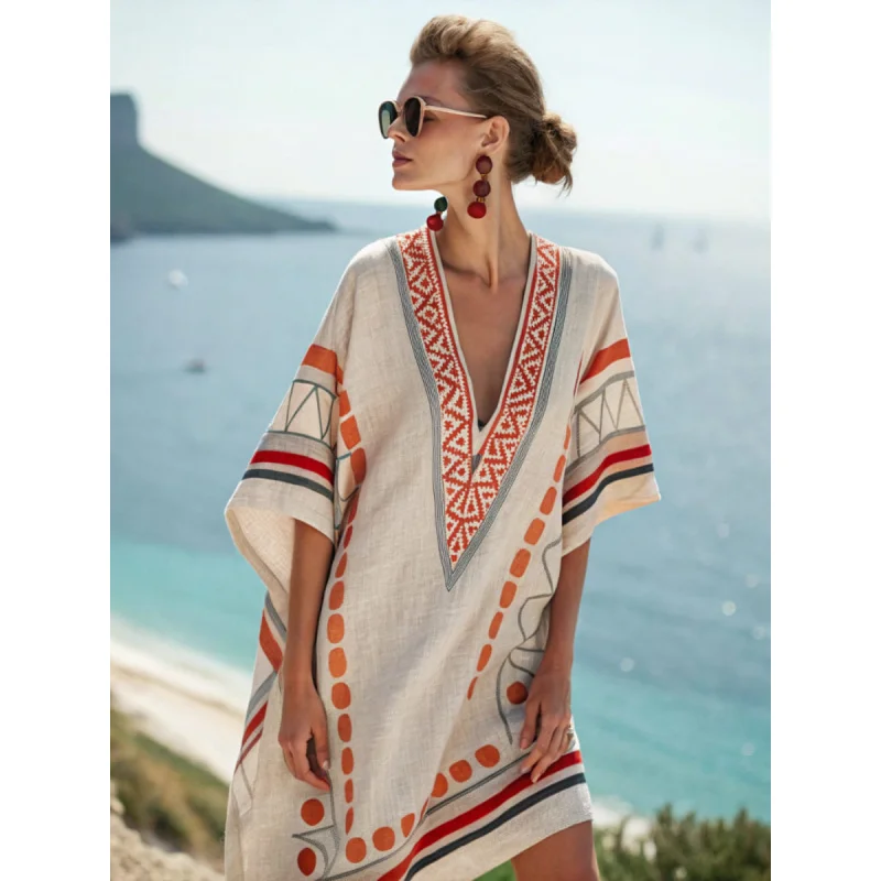 

Women's V-neck Printed Dress Loose Mid-Length Skirt Beach Vacation Casual Maxi Dress