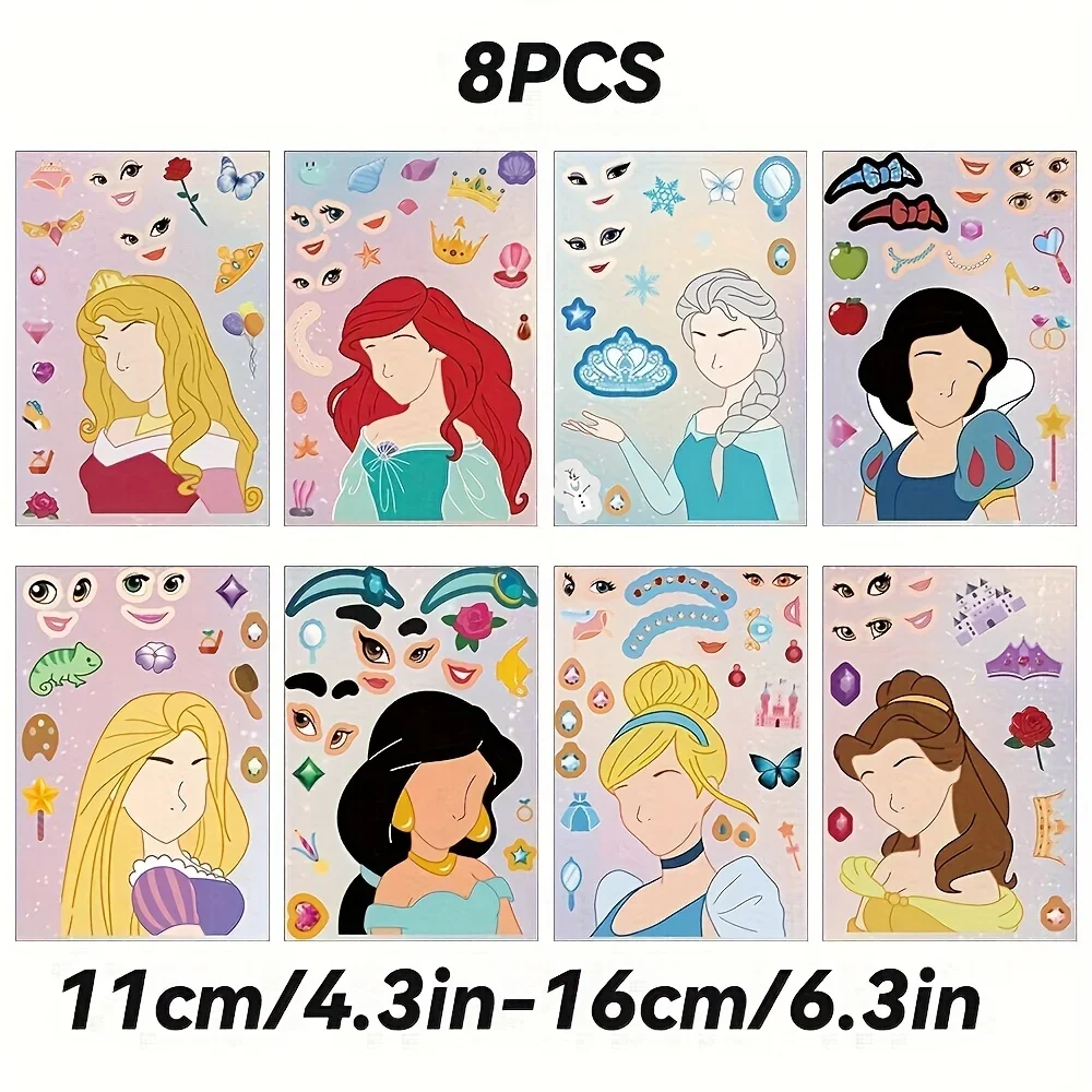 8pcs Disney Princess Stickers, Snow White, Elsa, Mermaid Collage Makeup Stickers, Children's Handmade Facial Makeup Stickers