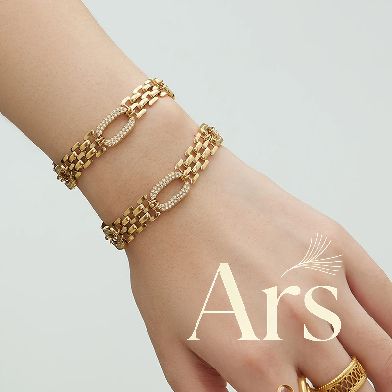 Ars pulseira de corrente de relógio em forma de O de aço inoxidável 18k banhado a ouro pulseiras de banda larga declaração pulseira de zircônia presentes para ela