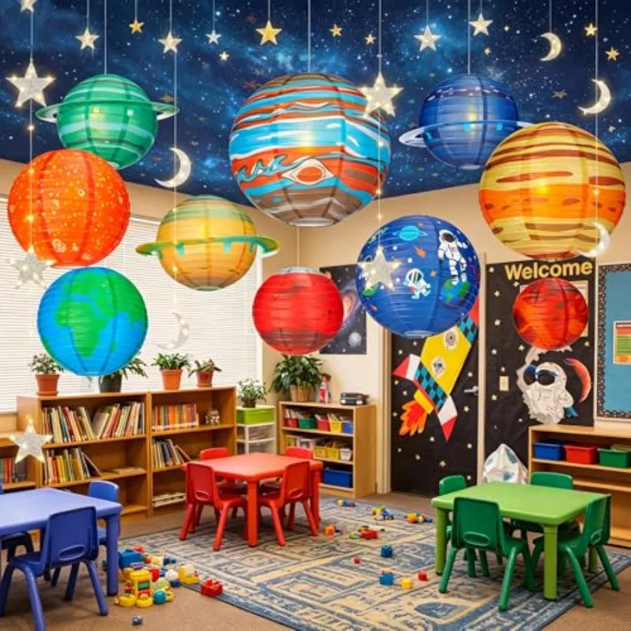 32 Pcs Space Classroom Decorations for Back to School Galaxy Ceiling Decor Solar System Paper Lanterns Star Moon Hanging Orname