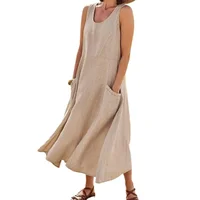 Vestido de lino y algodón con tirantes sin mangas para mujer, vestidos de Color liso con doble bolsillo lateral, vestido informal de verano para ir al trabajo