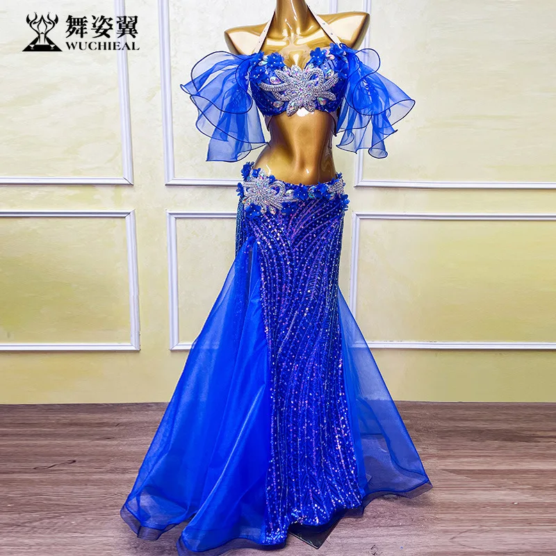 Professional Royal Blue Belly Dance Costume Set Women Shiny Rhinestone Backless Crop Top Long Skirt Oriental Stage Performance P