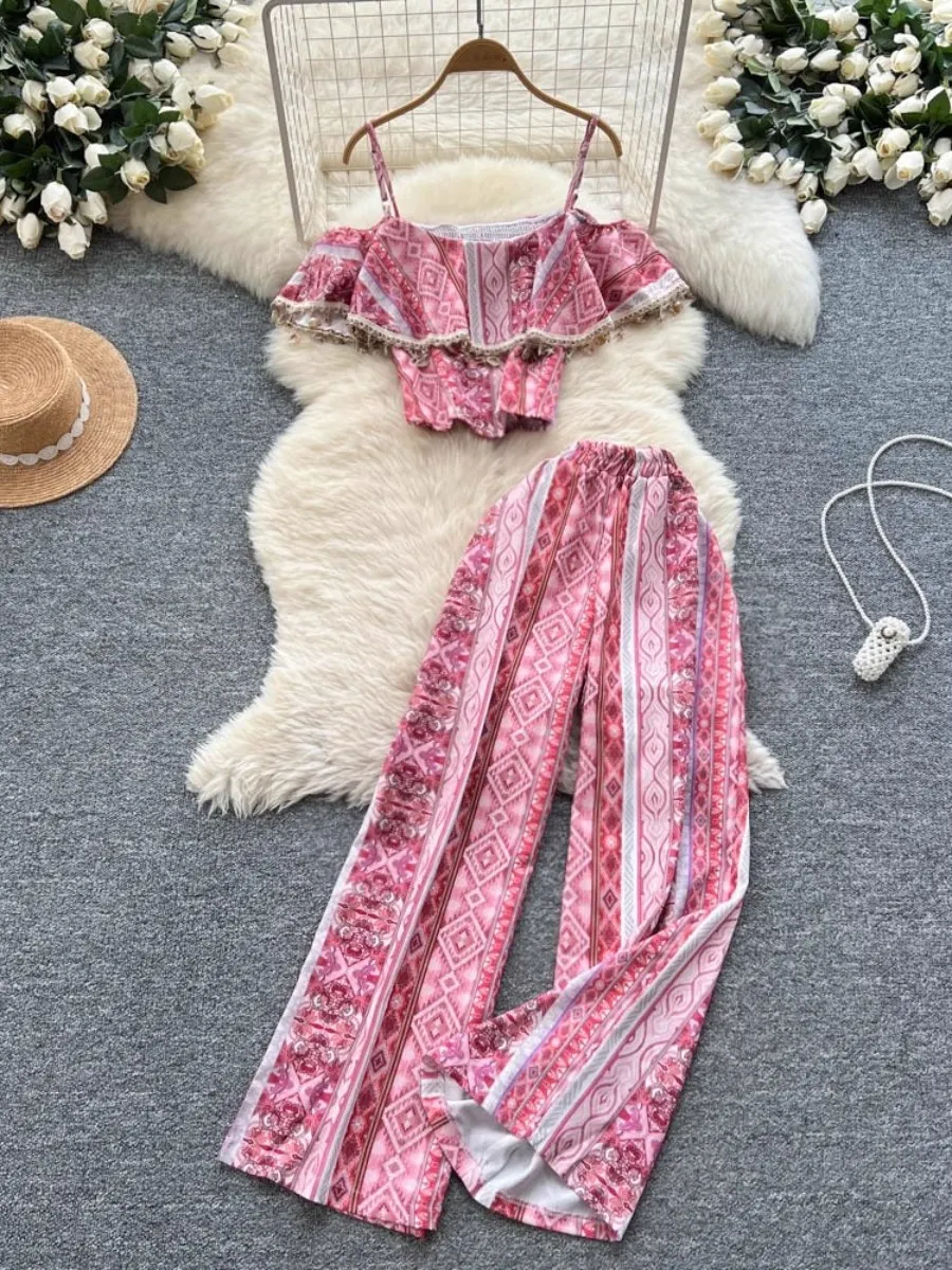 

Foamlina Retro Ethnic Ruffle Frayed Halter Bandeau Top Women Summer Elastic Waist Wide Leg Slim Fit Pants 2 Piece Set Outfit