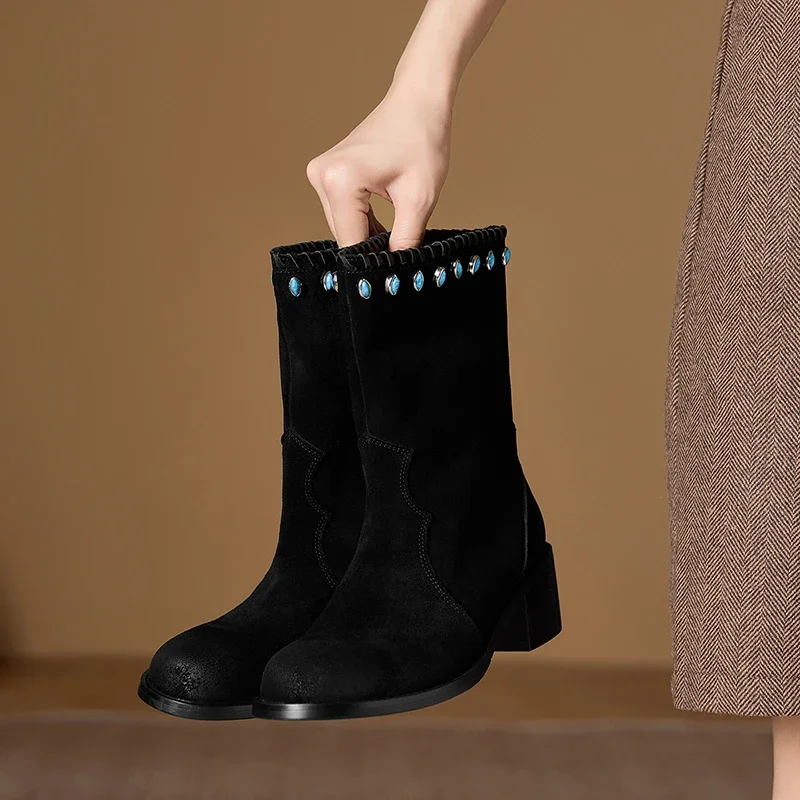 New Trend 2027 Autumn Winter Natural Cow Suede Wool Women Ankle Boots Elegant Brown Black Round Toe Slip-on Mid Block Boots