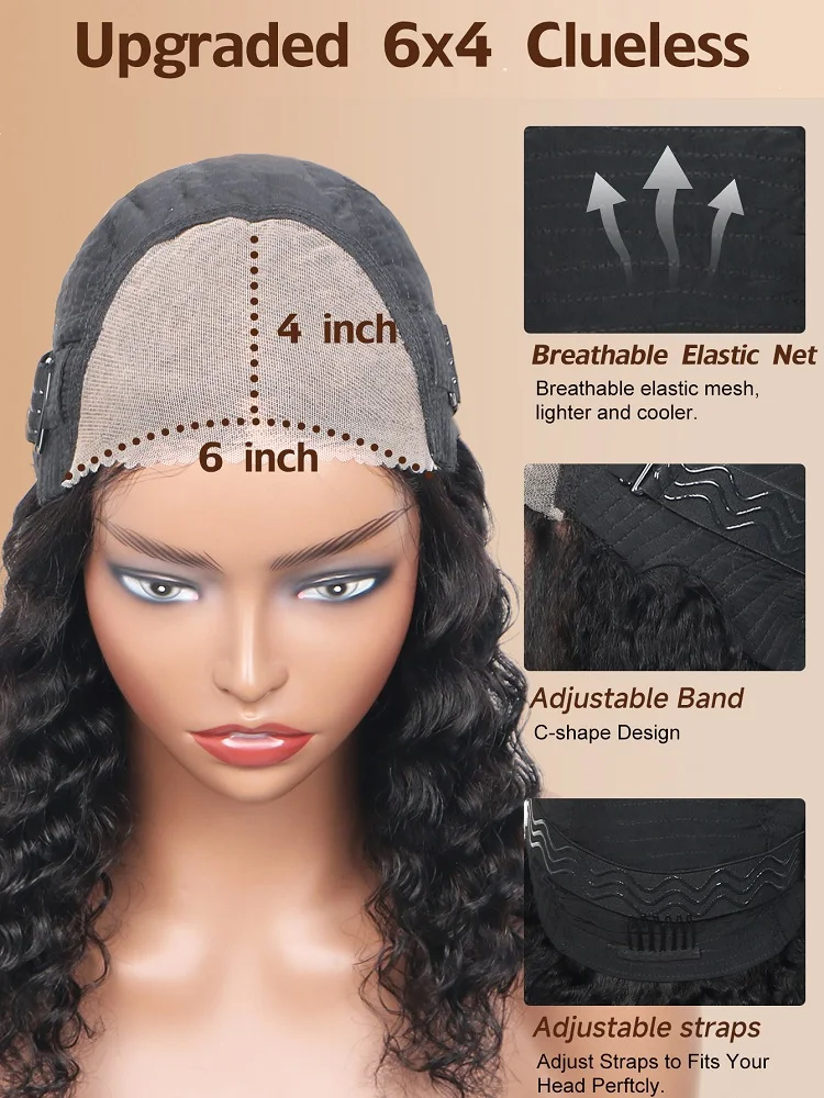 女性用の事前にカットされた接着剤なしのレースのかつら,深い波の髪,密度180%,すぐに着用できる,事前に摘み取られた漂白された結び目,6x4