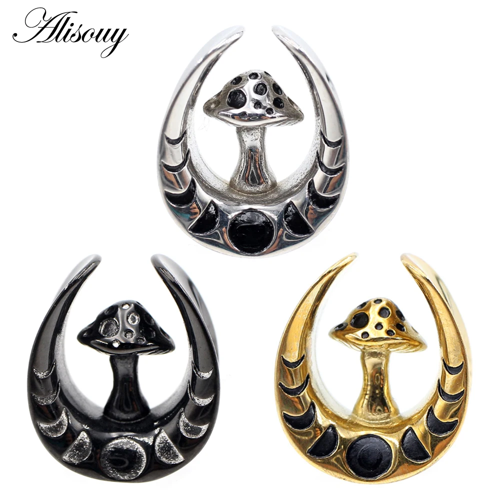 Alisouy 2PCS Stainless Steel U-shaped Mushroom Saddle Ear Tunnels Plugs Expander Stretcher Gauges Earrings Piercing Body Jewelry