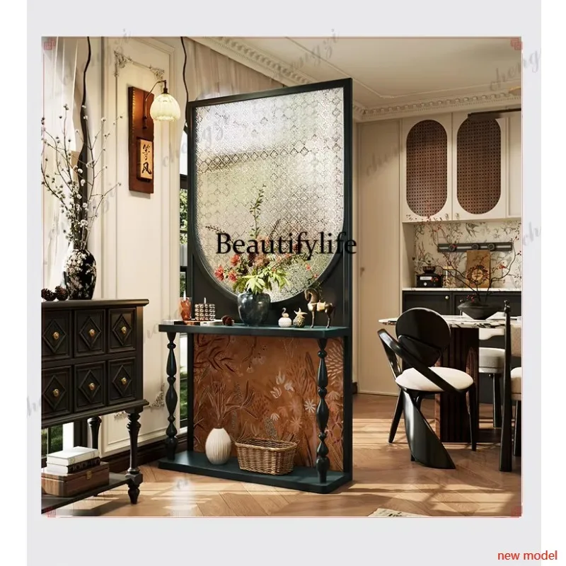 Entry entrance partition screen living room blocking glass solid wood American retro glass rackN138