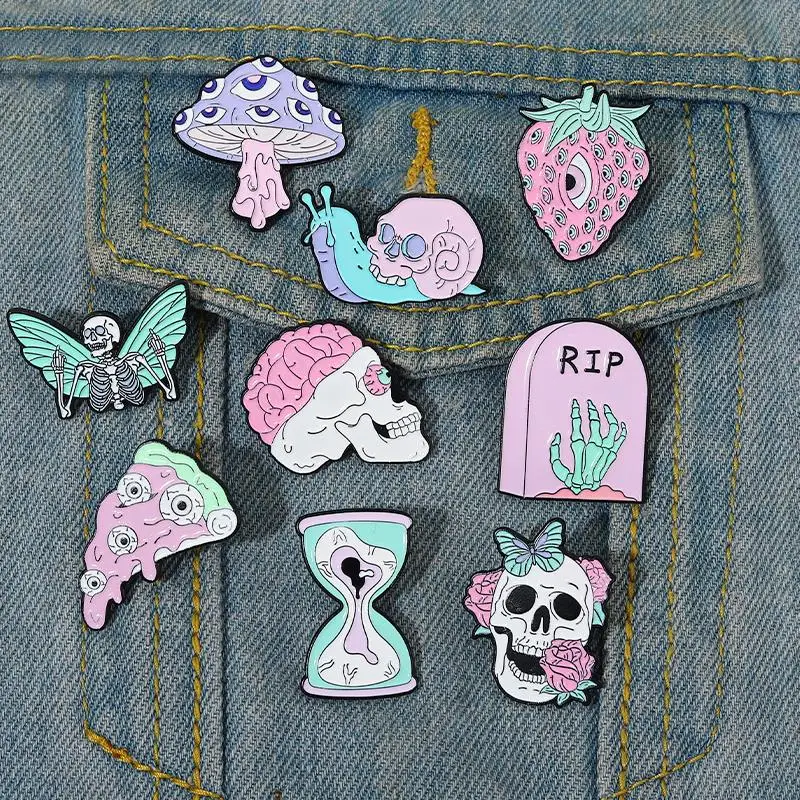 Intensive Eyes Enamel Pins Custom Pink Punk Skeleton Butterfly Pizza Hourglass Strawberry Brooch Gothic Lapel Badgs for Friends