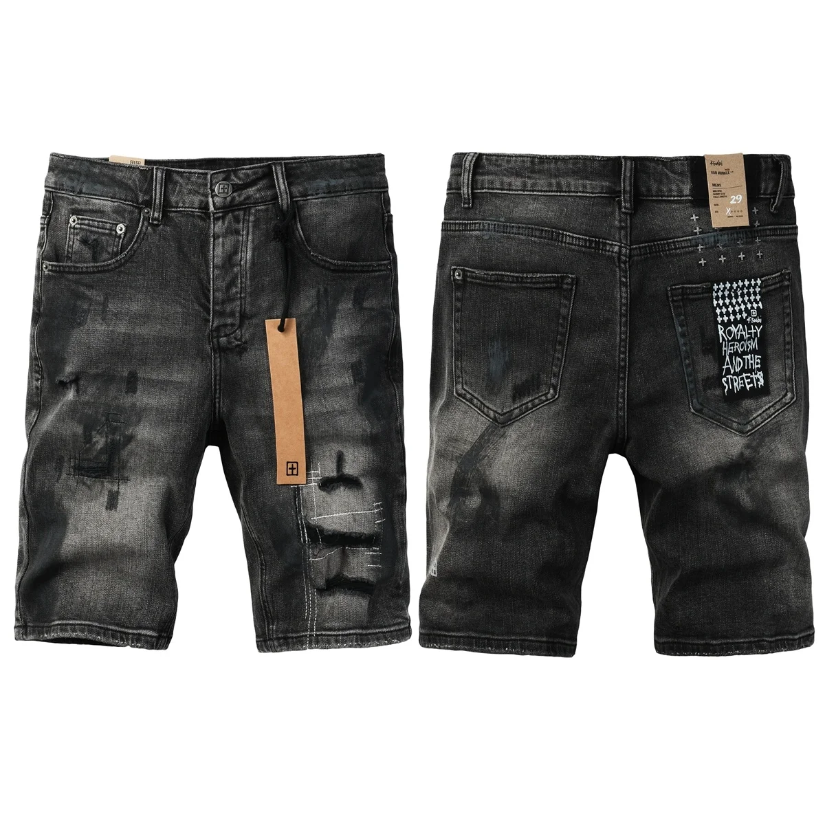 Latest Style Men's Grey Vintage Washed Denim Shorts Distressed Ripped Stitch Detail Slim Fit Casual Shorts Streetwear Bottoms