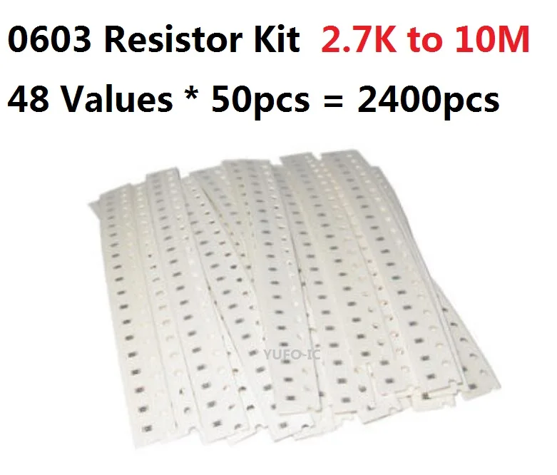 48 Values*50pcs=2400pcs SMD 0603 Resistor Kit 2.7K Ohm-10M 5% Resistance Assorted Kit Set 10K 18K 22K 47K 51K 100K 1M