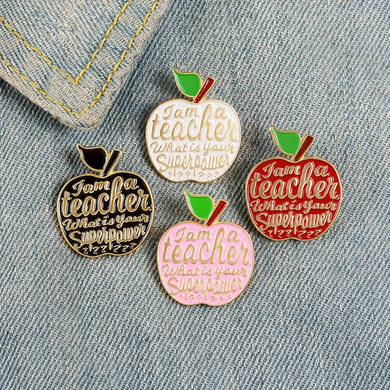 Enamel Pins Teacher's Superpower Badge Brooch Denim Colthes bags Cartoon Fruit Badges Jewelry Gifts For Teachers 4 Styles Apple