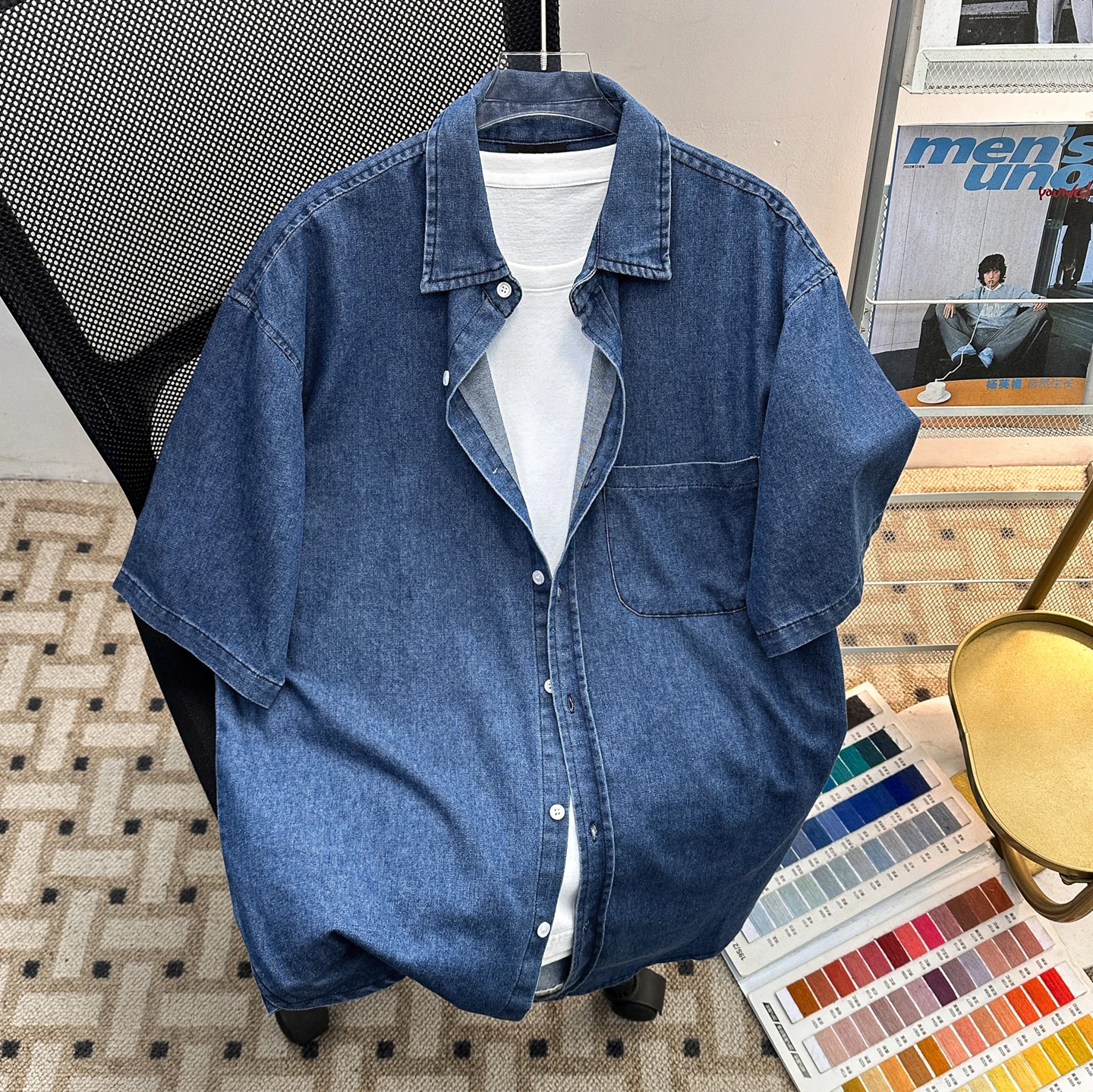 

Blue Pocket Denim Shirt Men's Short Sleeve Summer Thin Loose Casual Outerwear Workwear Style Simple Leisure Jacket