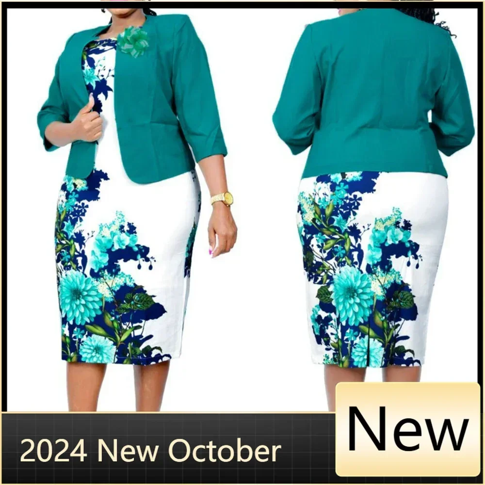 

Plus Size Floral Print Turkey Style Office Ladies Coat and Dress Suit For Women