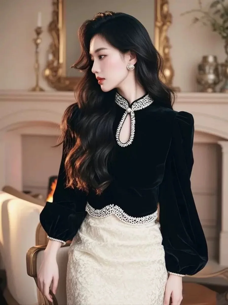 

Ele Velvet T-irt Women's ort Sle Base irt Top Bla Unique Beautiful Stand Collar Autumn Winter Faion Ladies' S...