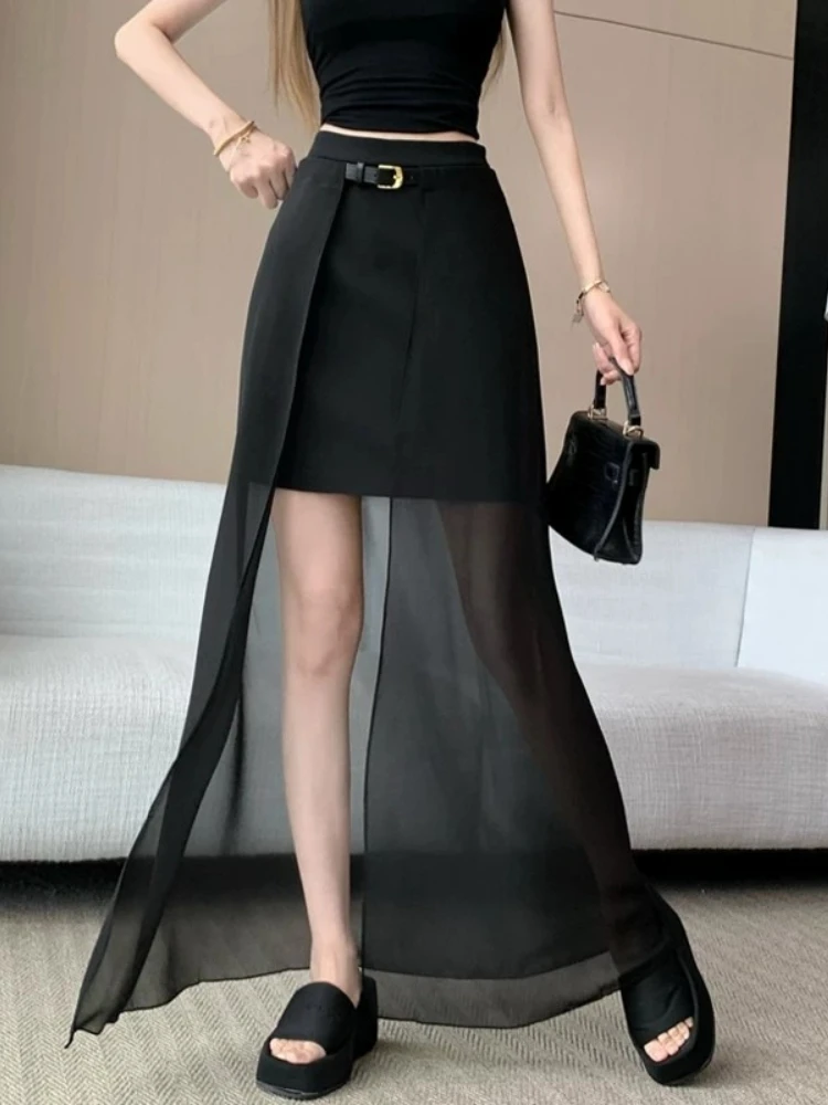 Skirt Black Blazer Summer Designer Mock Two Piece Mesh Patchwork Draping A Line Stylish Elegant Gorgeous Very Long Dress