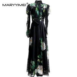 MARYYIMEI New Fashion Designer Women's 2024 Spring New French Rose Printed Long-Sleeved High-Waisted Chiffon Holiday Long Dress