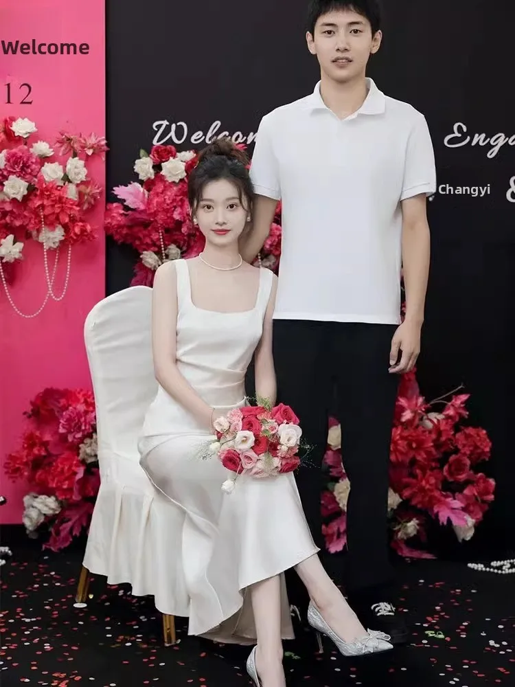 

Ele White Strapl Dr for Engagement Registration Wedding Ceremony Long Evening Gown Sexy Slim Fit Zipper Sle Dr