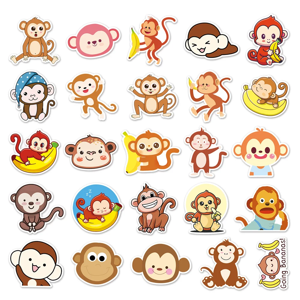 Cartoon Monkey Stickers for Stationery, Notebooks, Kraft Laptop, Cute Sticker Pack, Scrapbooking Material, Craft Supplies, 50Pcs