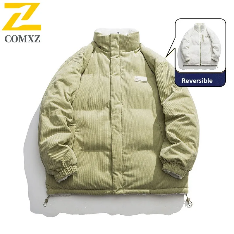  سترة رجالية مزدوجة الجوانب للشتاء منتفخة حرارية مقاومة للرياح على الطراز الكوري سترة فضفاضة مناسبة للشارع مع غطاء محرك السيارة قابل للفصل معطف #4