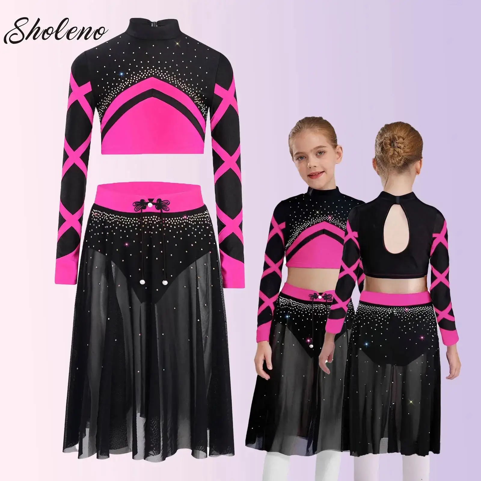 

Kids Girls Lyrical Dance Competition Set Modern Contemporary Costume Rhinestones Figure Skating Crop Top with Skirted Leotard