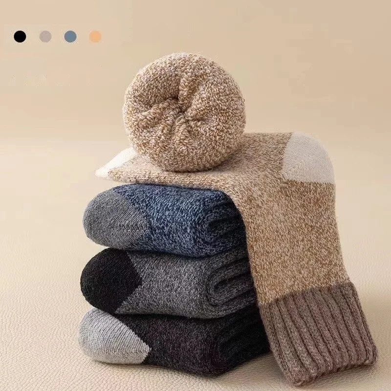 5Pairs/Lot Winter Men\'s Thick Warm Wool Socks Harajuku Vintage High Quality Wool Warm Snow Socks Casual Mid-tube Socks for Men