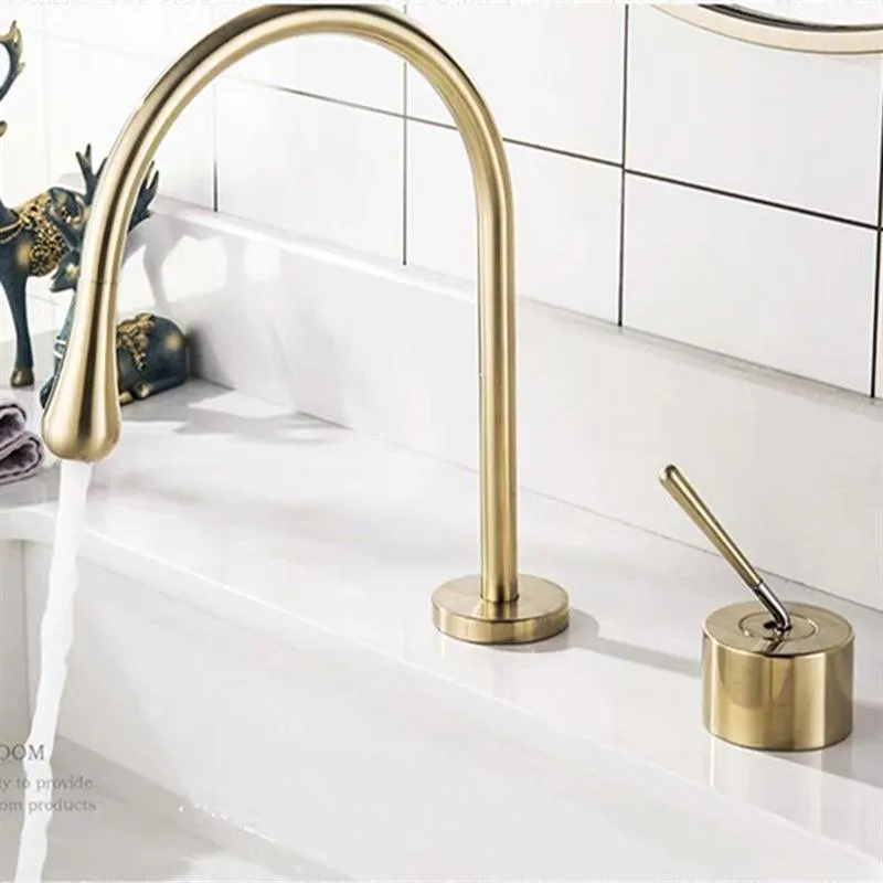 

Brushed Gold Basin Sink Faucet with Unique Water Drop Design and Three Holes for Hot and Cold Water