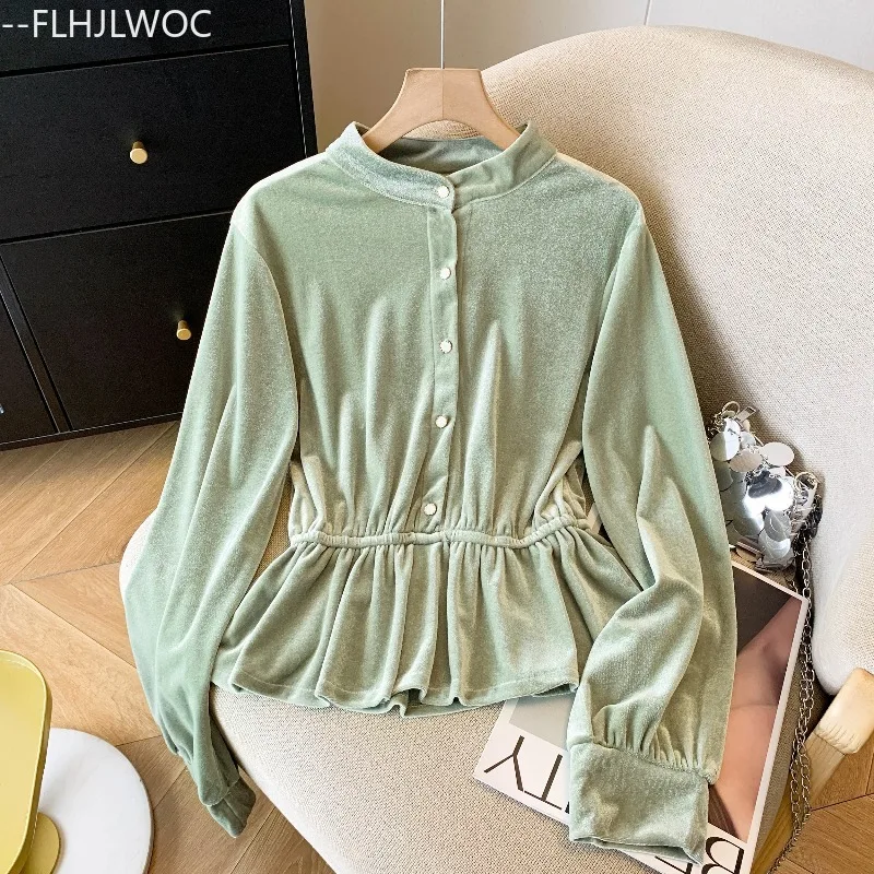Neue Jahr Weihnachten Samt Tops Bluse Mode Frau Herbst Winter Grundlagen Langarm Nette Mädchen Retro Stehkragen Schößchen Shirts