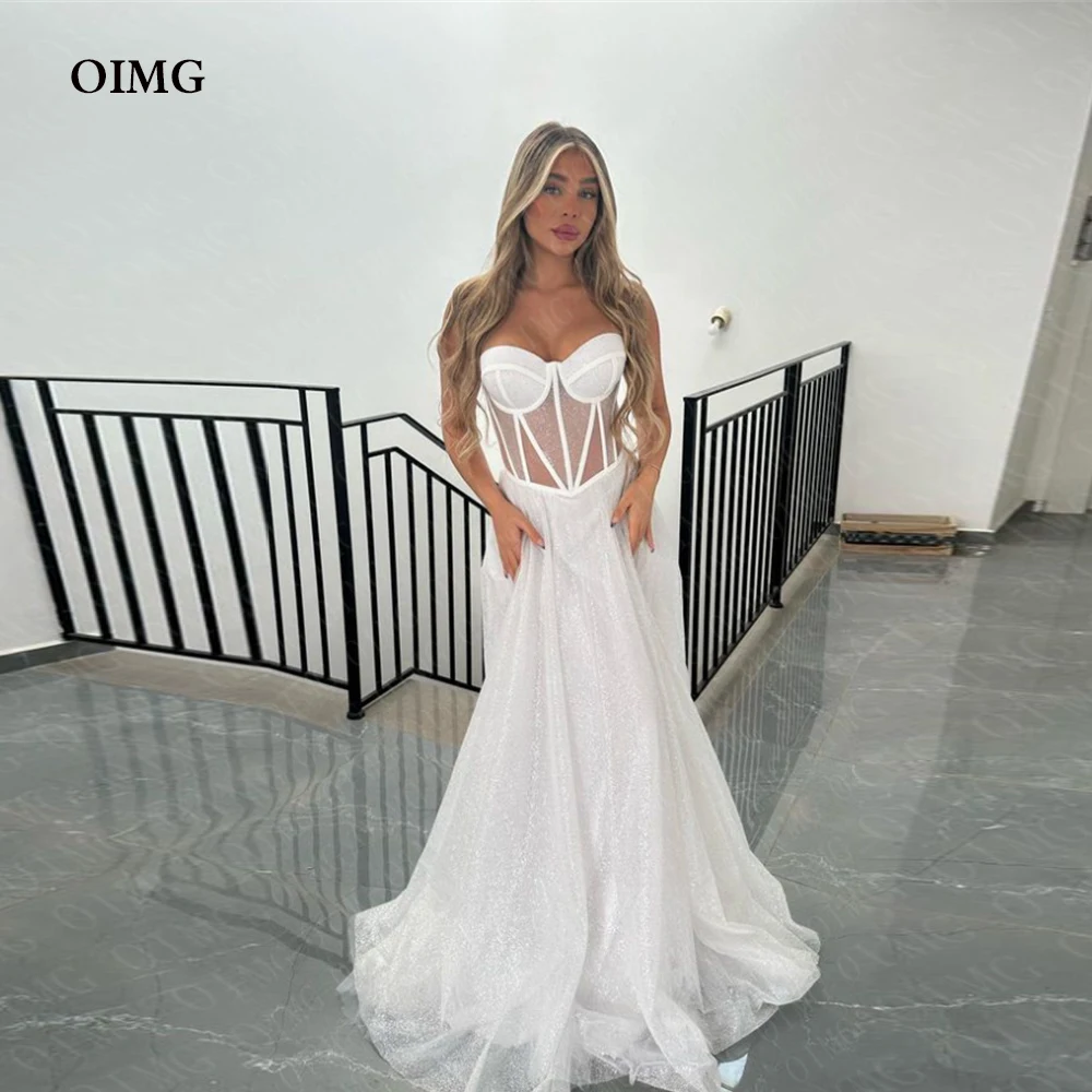 

OIMG Sweetheart Shiny Glitter Beach Wedding Dresses Boho A Line Long Sleeves Split Princess Bride Bridal Gowns Robe de mariage