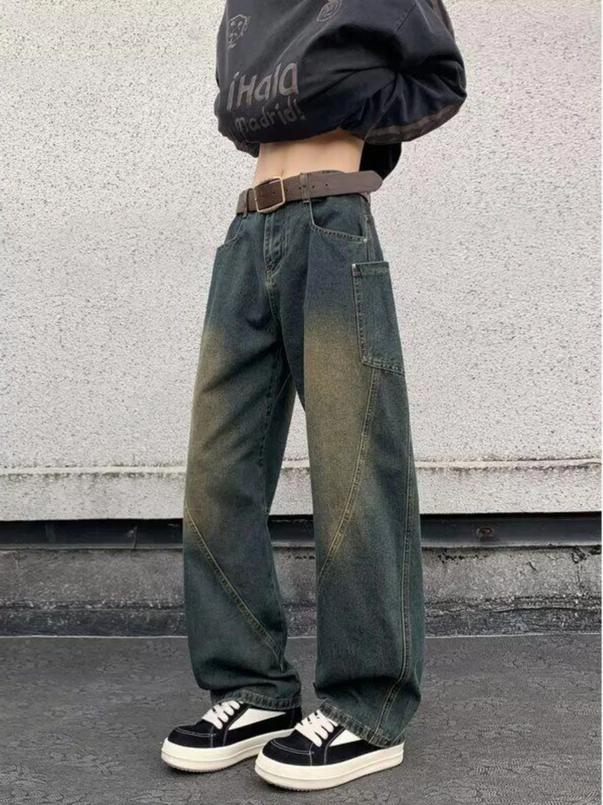 

American Sle Retro High Street Knife Men's Jeans Spring Trendy Straight Leg Bell Bot Wear Resistant Loose Fit