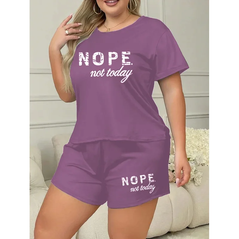 Letters Print Pajama Set Short Sleeve Tee And Elastic Shorts Plus Size Fit Women's Casual Attire Sports Wear Loungewear Homewear