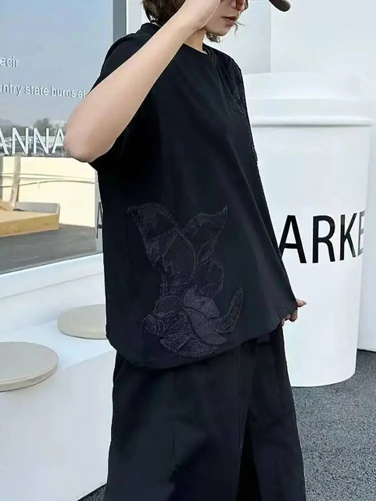 Embroidery Women Black Patch Big Size Casual T-shirt New Round Neck Short Sleeve Fashion  Spring Summer 2026 H5L4