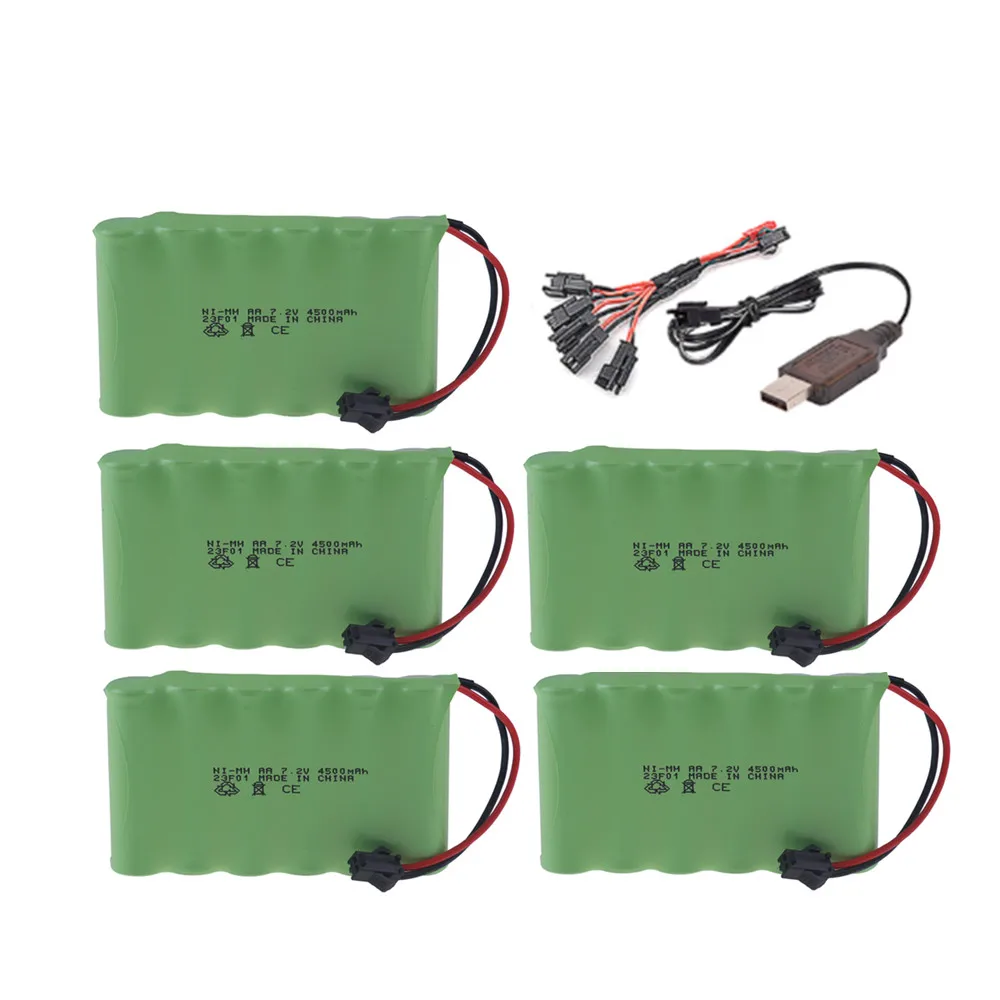 แบตเตอรี่ NiMH 7.2V 4500mAh + ที่ชาร์จสำหรับ mobil RC RC เรือรถบรรทุกถังหุ่นยนต์ปืน3500mAh 7.2V แบตเตอรี่แบบชาร์จไฟได้พร้อมปลั๊ก SM