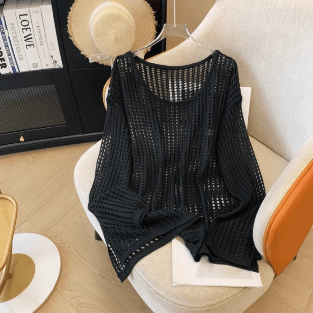 

Fashion Hollow Out Long Sleeved Top Knitted Loose Round Neck Pullover Solid Color Versatile Sun Protection Blouse Summer