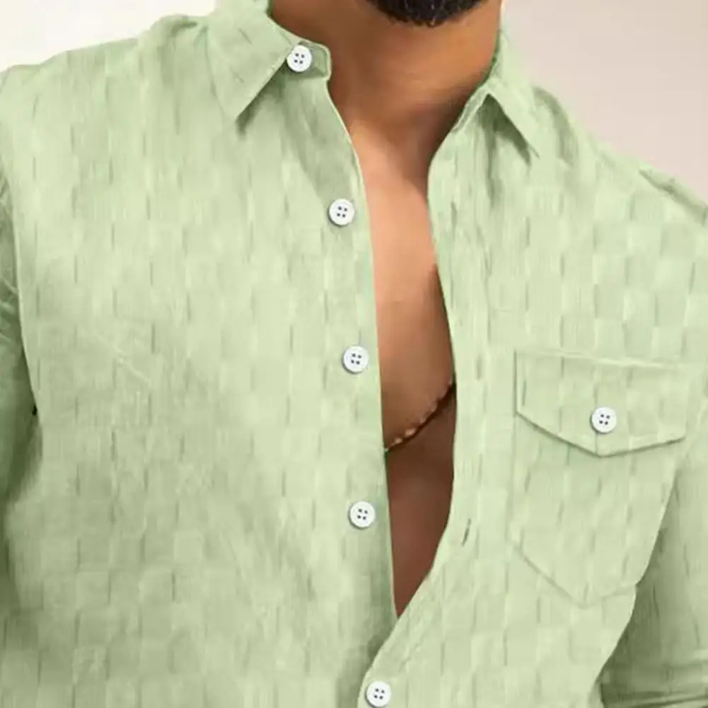 2025 قميص رسمي للرجال بسيط وأنيق قميص طويل الأكمام المألوف الرجال جيب فضفاض منقوشة الأعمال قاع #4