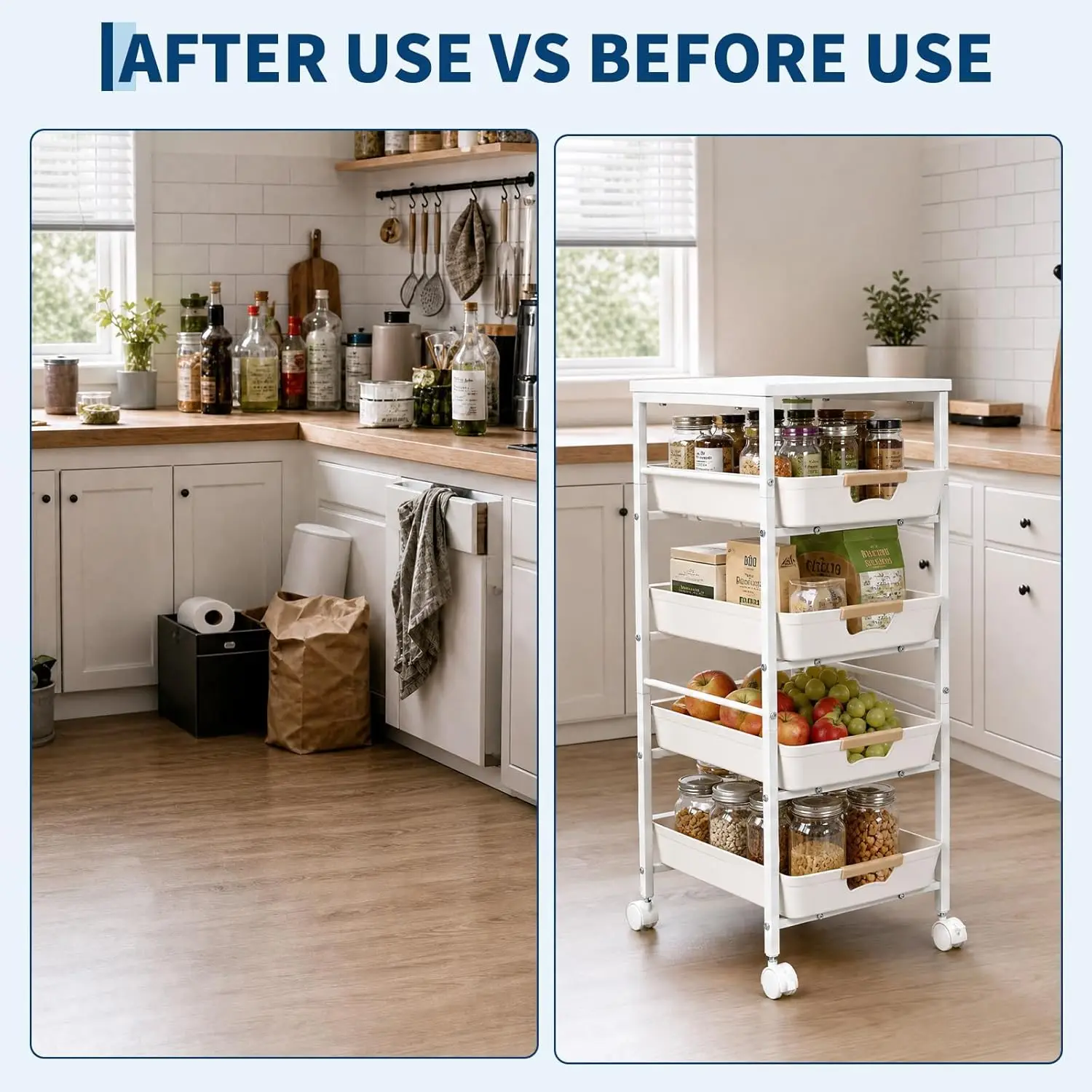 5-Tier Slim Rolling Storage Cart, Narrow Kitchen Cart with Wooden Top and Pull-Out Baskets, Mobile Shelving Unit Organizer for Kitchen, Bathroom, Laundry image 4